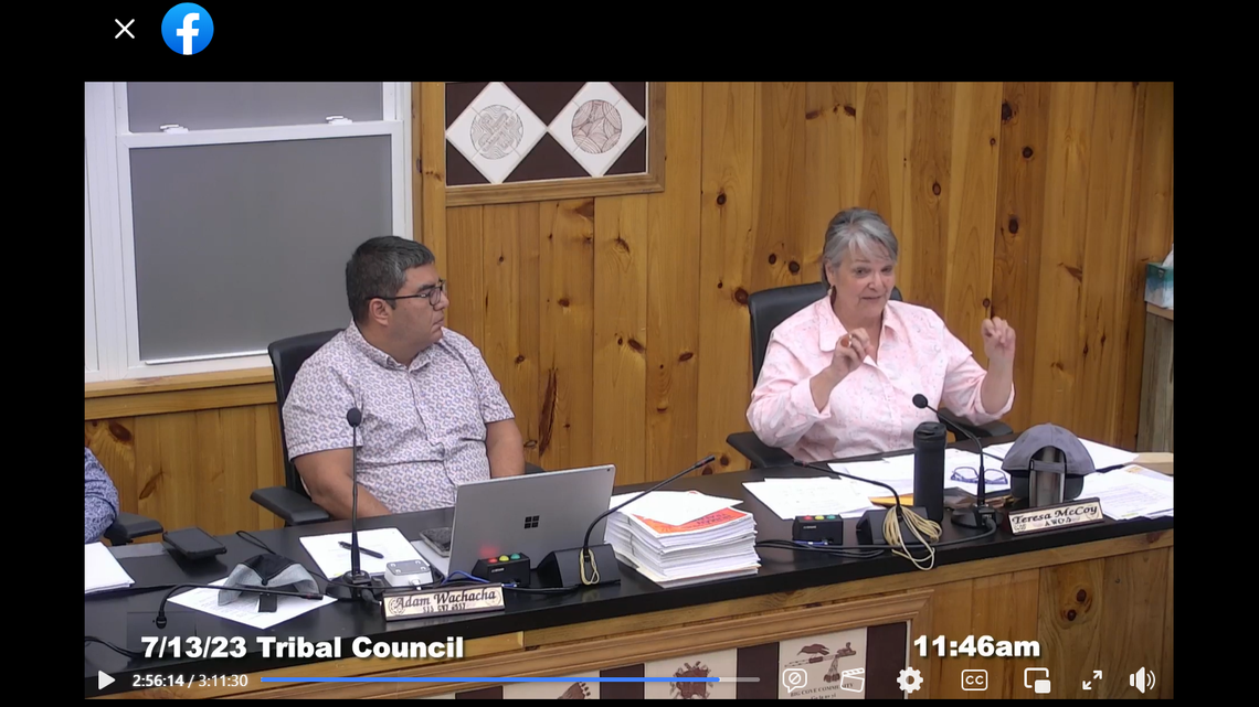 Cherokee tribal council member Teresa McCoy is shown at Thursday morning’s council meeting introducing a resolution for an adult-use marijuana referendum.