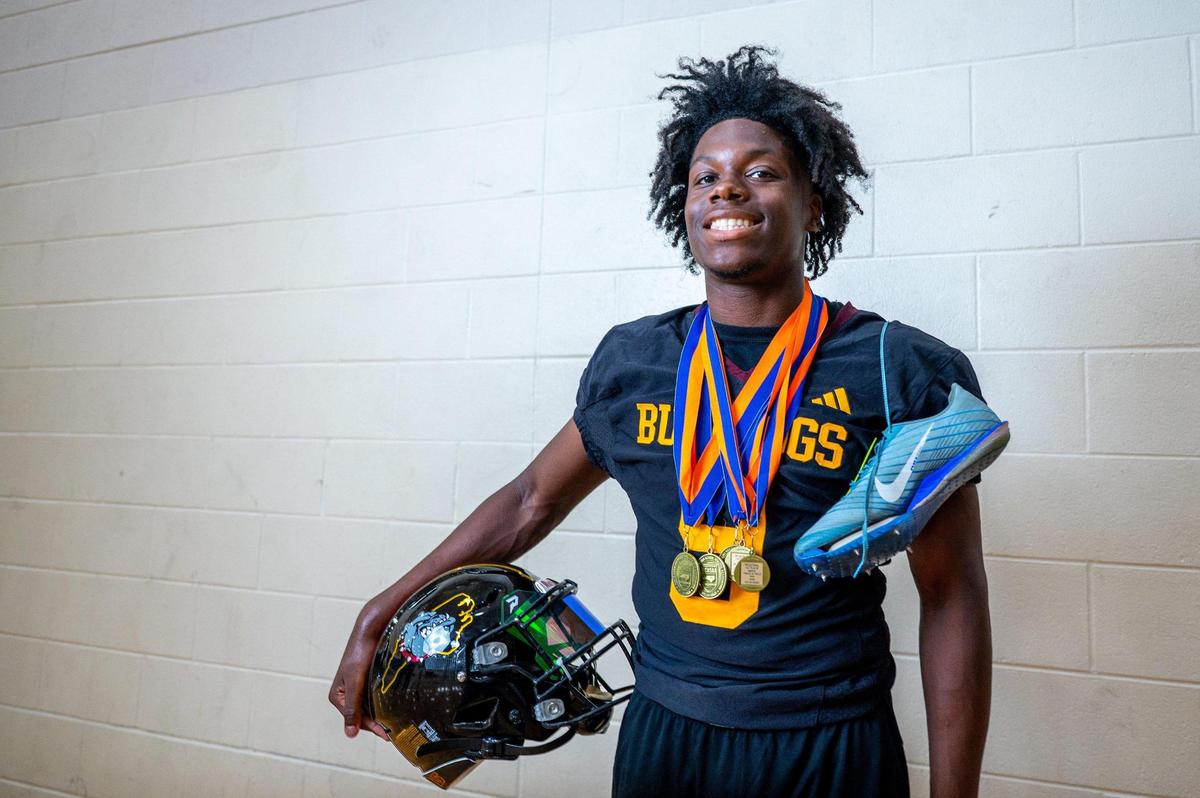 Male athlete of the year Cameron Tucker poses for a portrait at Independence High School in Charlotte, NC Wednesday, June 11, 2025. Tucker was selected as a top athlete for track and football and is a rising senior at JM Robinson High School.
