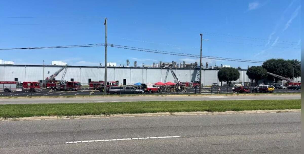 Dozens of fire truck drivers extended their ladders to the roof of the Freightliner plant on Statesville Boulevard (Highway 70) in Cleveland, NC, to extinguish a fire on Saturday, Aug. 30, 2025.