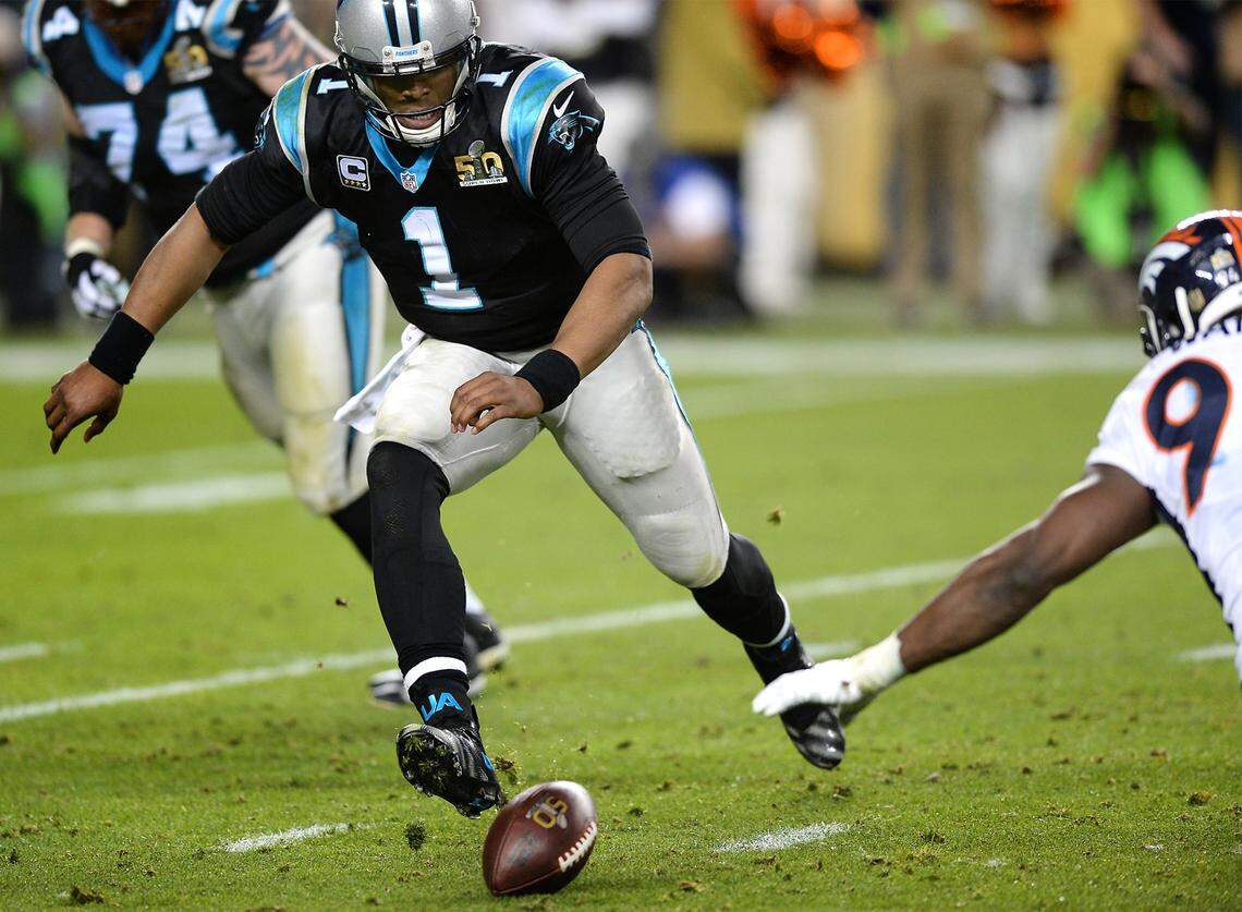 Carolina Panthers quarterback Cam Newton chases after the ball after being stripped by Denver Broncos linebacker Von Miller during the fourth quarter of Super Bowl 50 in Santa Clara, Calif., on Sunday, February 7, 2016. Although Newton pursued the fumble at first, he decided not to try to jump on it, and Denver recovered inside Carolina’s 10 and soon scored the game-winning touchdown in a 24-10 win.