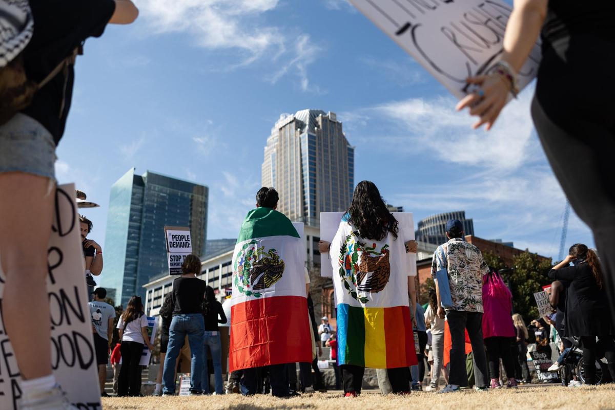 Protesters gather in First Ward Park before marching through uptown during a “Stop the Deportations” protest organized by Charlotte United for Palestine and the Party for Socialism and Liberation in Charlotte, N.C., on Sunday, February 9, 2025.