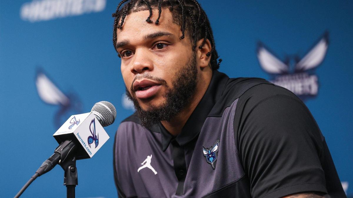 Hornets forward Miles Bridges answers media questions regarding his return to the Hornets after signing his qualifying offer at Spectrum Center on Tuesday, July 18, 2023.