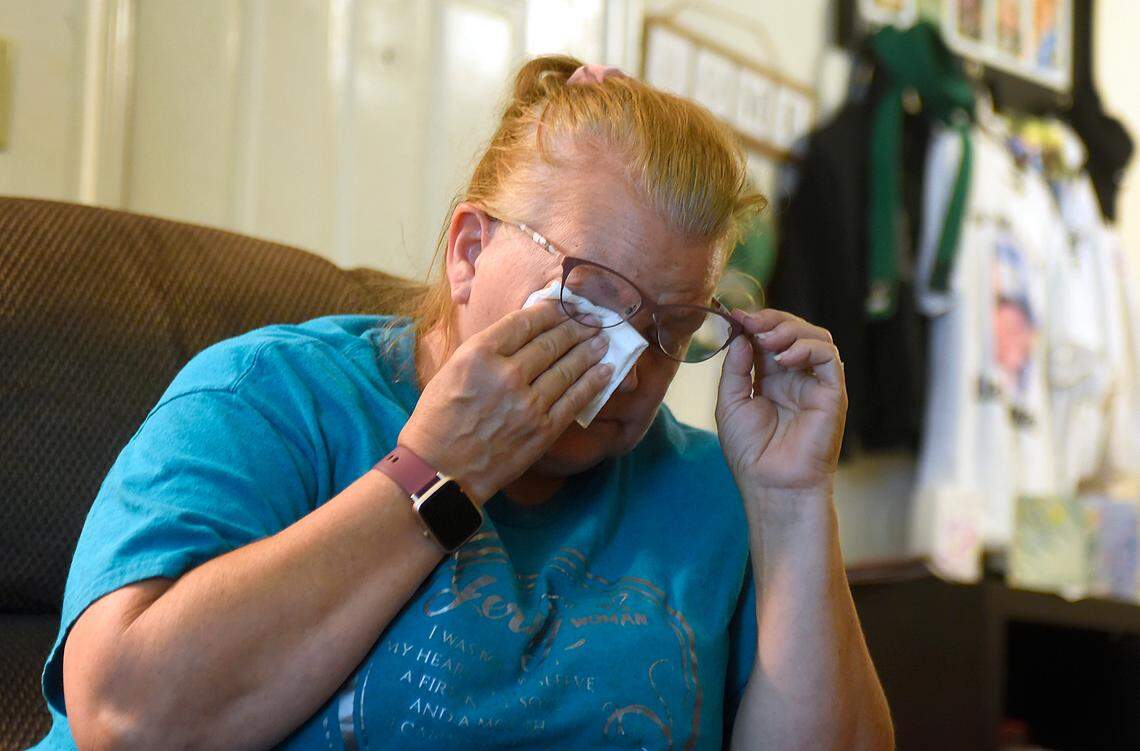 Wendy Snyder-Salazar wipes tears from her eyes as she talks about her 6-year old grandson, Liam Lagunas, who in June was killed in a Gaston County crash.