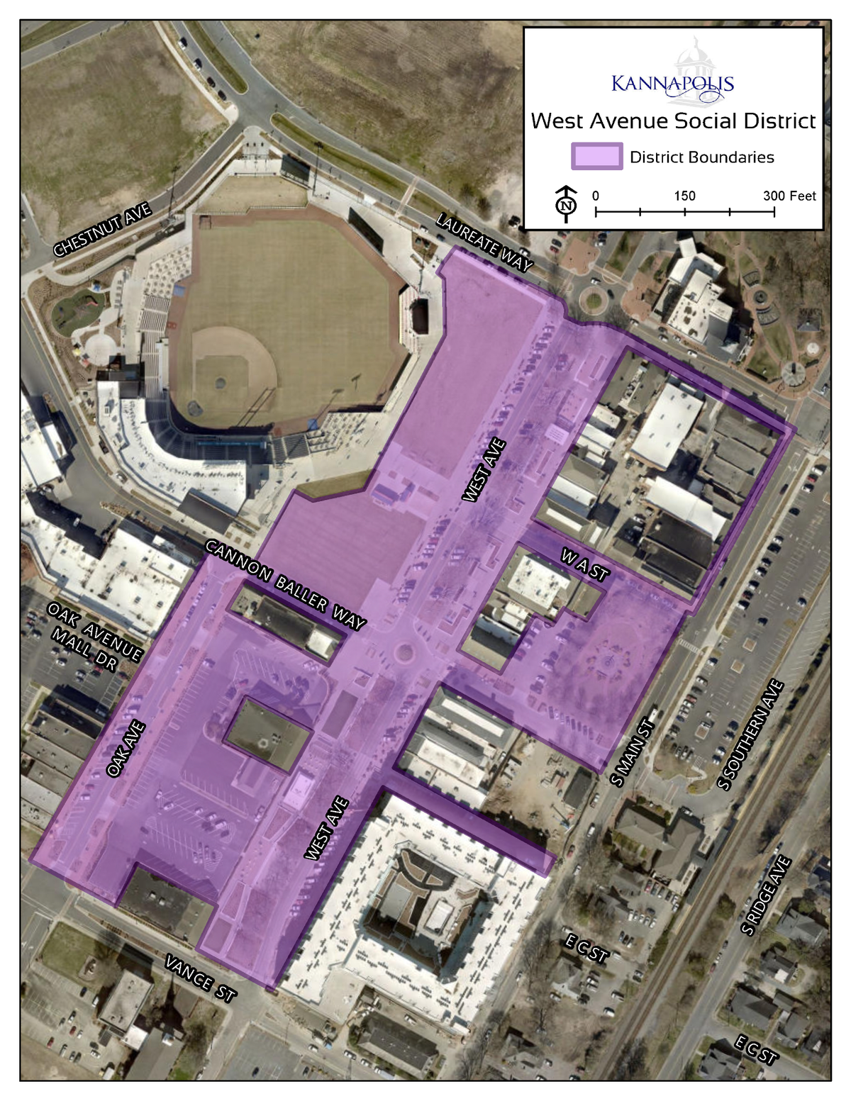 West Avenue Social District map in Kannapolis.
