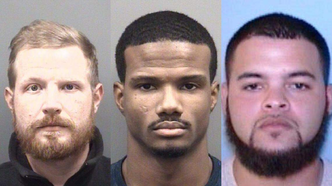 Ethan Andrew Grose, far left, and Justin Andrew Avery, center, were arrested Sunday on charges of third-degree exploitation of a minor, the sheriff’s office said. Donovan Perez Hernandez, right, is still at-large.