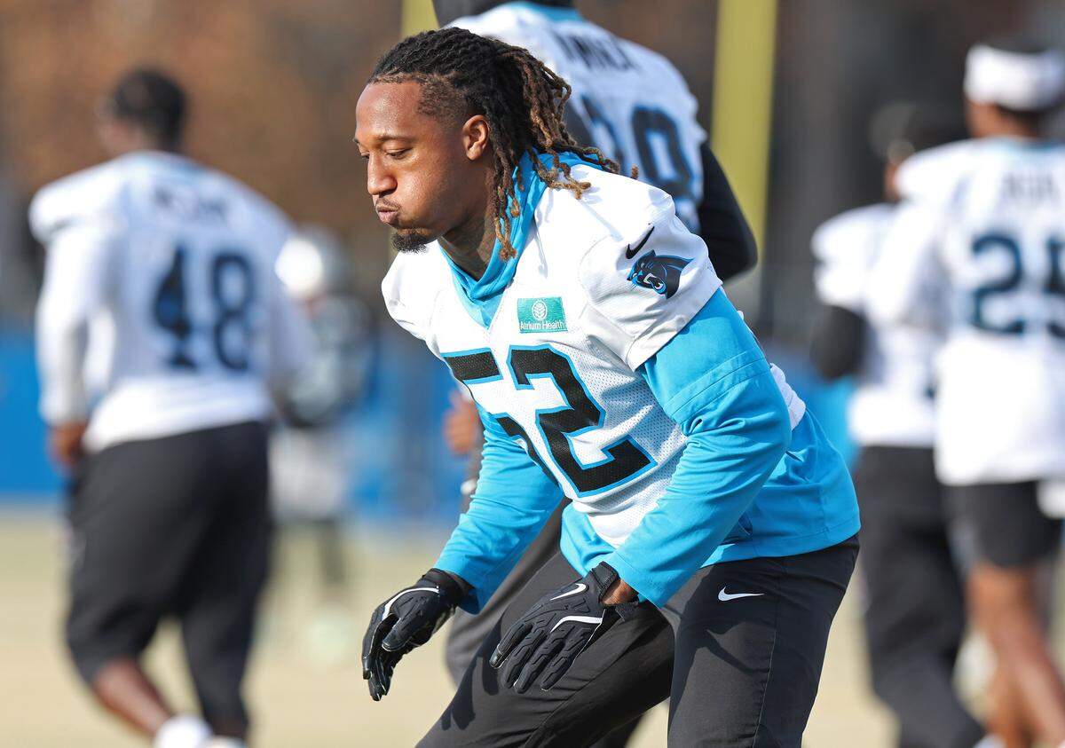 Carolina Panthers linebacker Trevis Gipson Sr., works on his footwork during practice on Tuesday, January 6, 2026 in Charlotte, NC. The Panthers will host the Los Angeles Rams in first round action of the playoffs at Bank of America Stadium on Saturday, January 10, 2026.