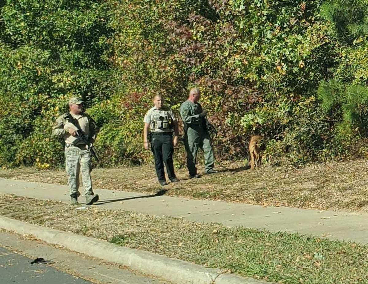 A canine unit from the Union County Sheriff’s Office searches a wooded area for a suspect along McKee Road in south Charlotte, NC, on Wednesday, Oct. 27, 2021.