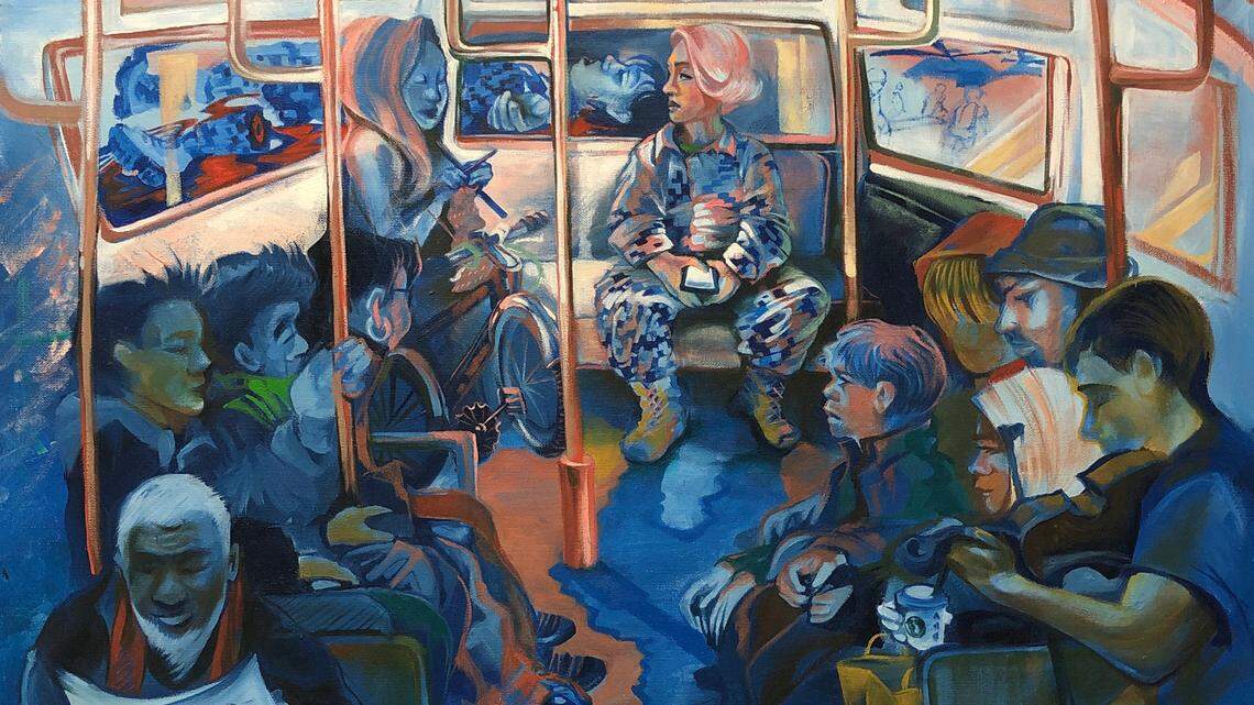 This oil on canvas by Charlotte area artist Ida Mae Irby is titled “Traveling with PTSD.” Irby’s narrative paintings focus on women in the military. This one tells the story of a woman who suffered from PTSD. “The painting is a story about how she struggled to reintegrate into society,” Irby said. “You can visually see it is affecting her as she tries to fit in on a crowded city bus.”