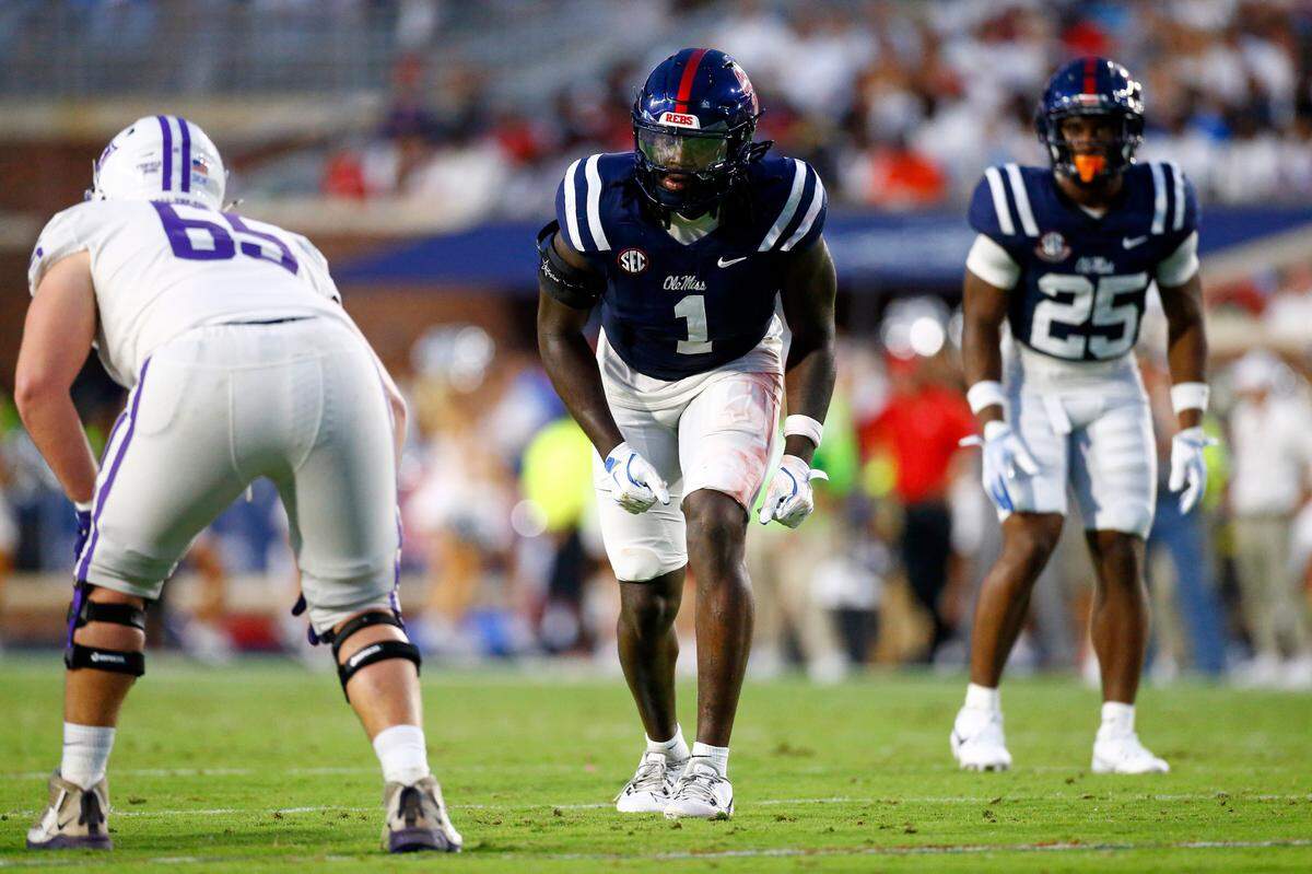 Ole Miss defensive lineman Princely Umanmielen (1) waits for the snap during a 2024 game against Furman at Vaught-Hemingway Stadium.