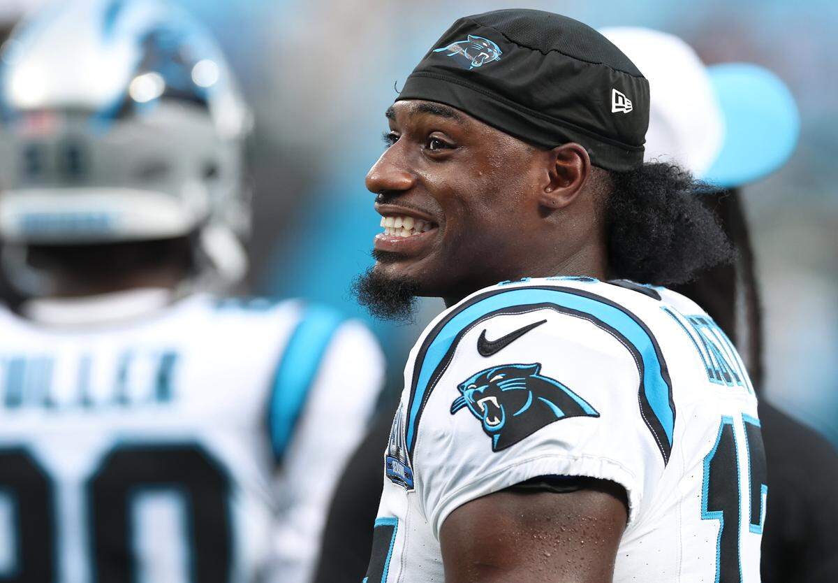Carolina Panthers wide receiver Xavier Legette smiles in 2024, not long after the team traded up to take the former South Carolina star with the No. 32 overall pick of the 2024 NFL Draft.