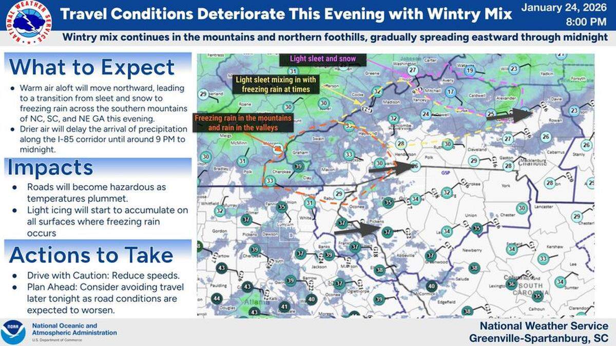 A wintry mix continued in the mountains and northern N.C. foothills at 8 p.m. Saturday, Jan. 24, 2026, and was gradually moving east toward the Charlotte area through midnight, NWS meteorologists said.