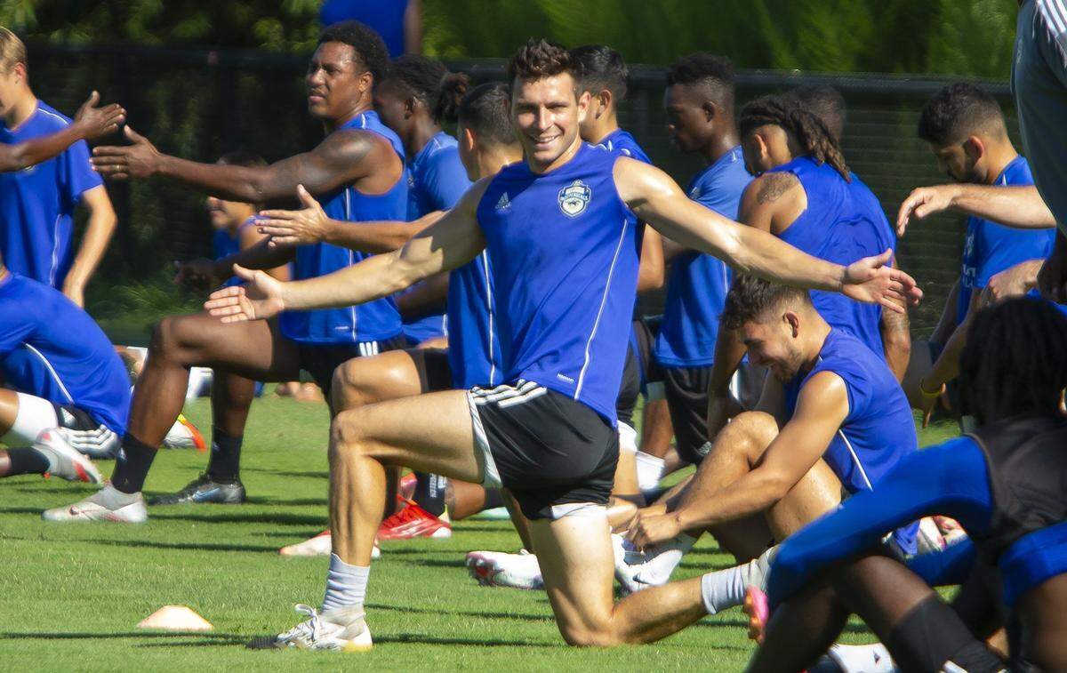 Brandt Bronico warms up before practice with his Charlotte Independence teammates at the Matthews Sportplex on Aug. 13. Bronico will join Christian Fuchs in the MLS on Charlotte FC next season.
