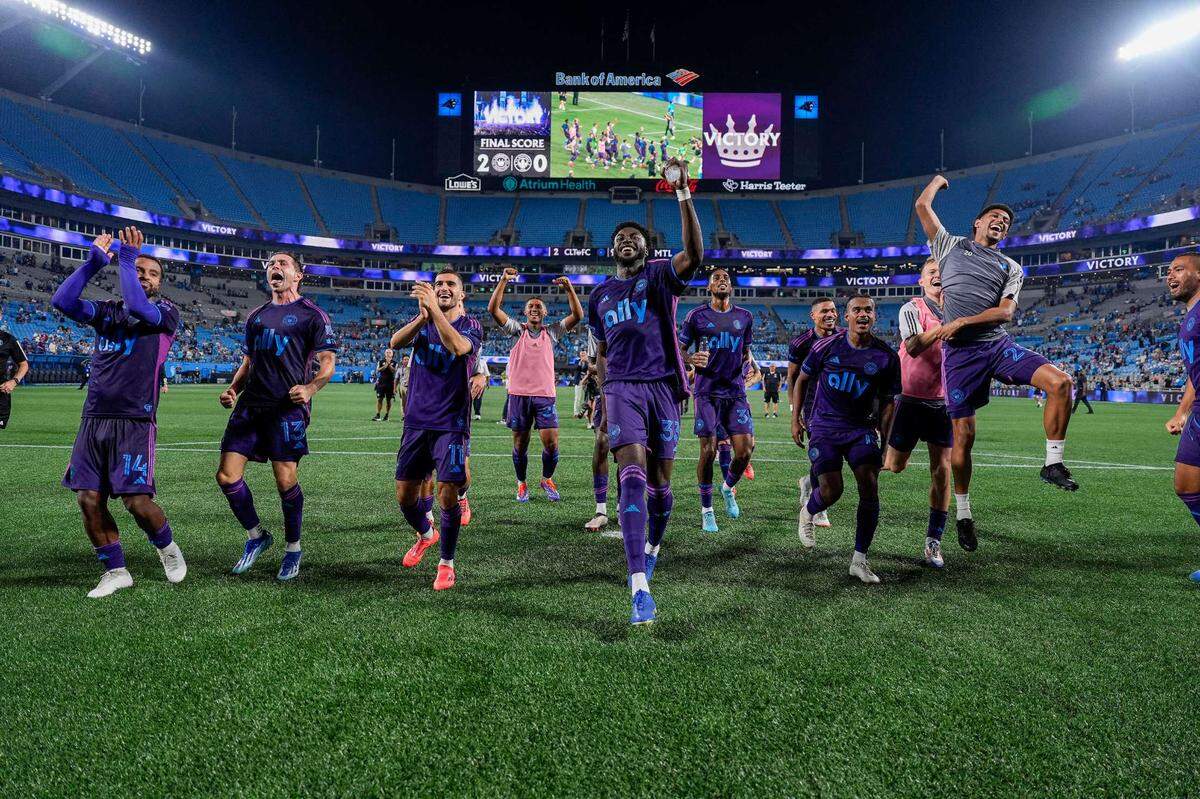 Charlotte FC players celebrated with cheering fans after Saturday’s 2-0 win against CF Montreal at Bank of America Stadium. It was Charlotte FC’s last home game of the regular season, but the club will host its first-ever home playoff game in a few weeks.