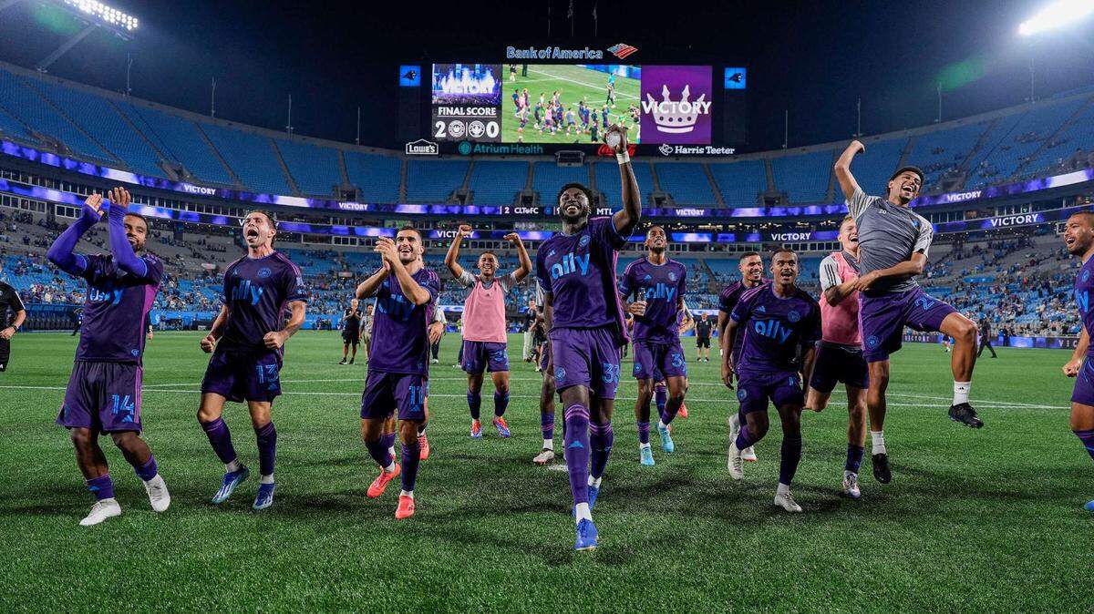 Charlotte FC players celebrated with cheering fans after Saturday’s 2-0 win against CF Montreal at Bank of America Stadium. It was Charlotte FC’s last home game of the regular season, but the club will host its first-ever home playoff game in a few weeks.