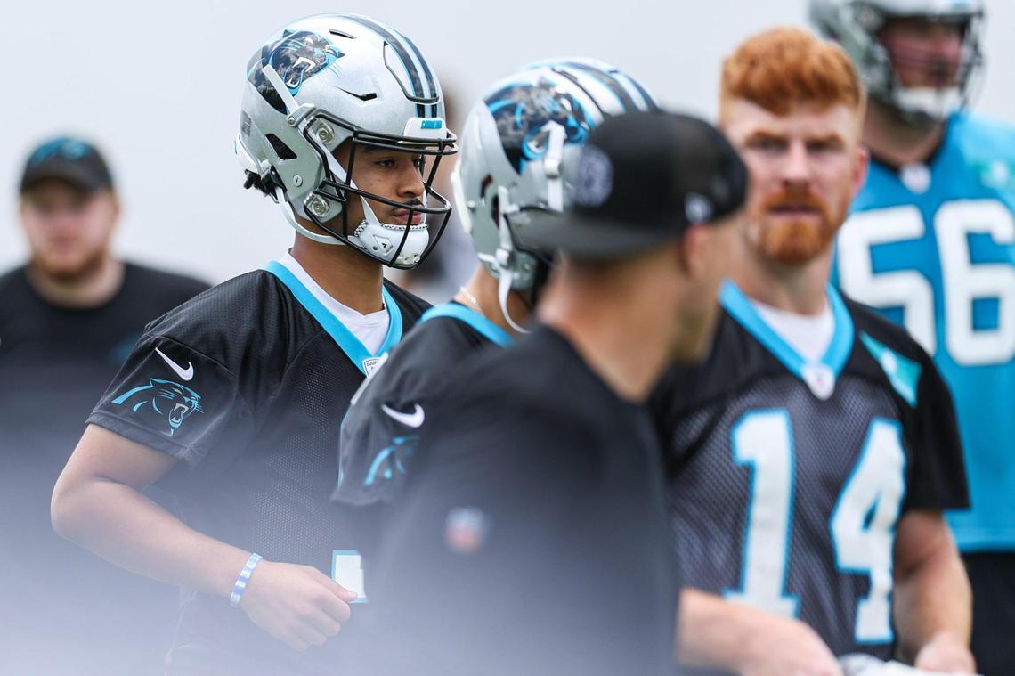 Panthers quarterback and first-round draft pick, Bryce Young, far left, during this week’s mandatory mini camp at the practice fields behind Bank of America Stadium.