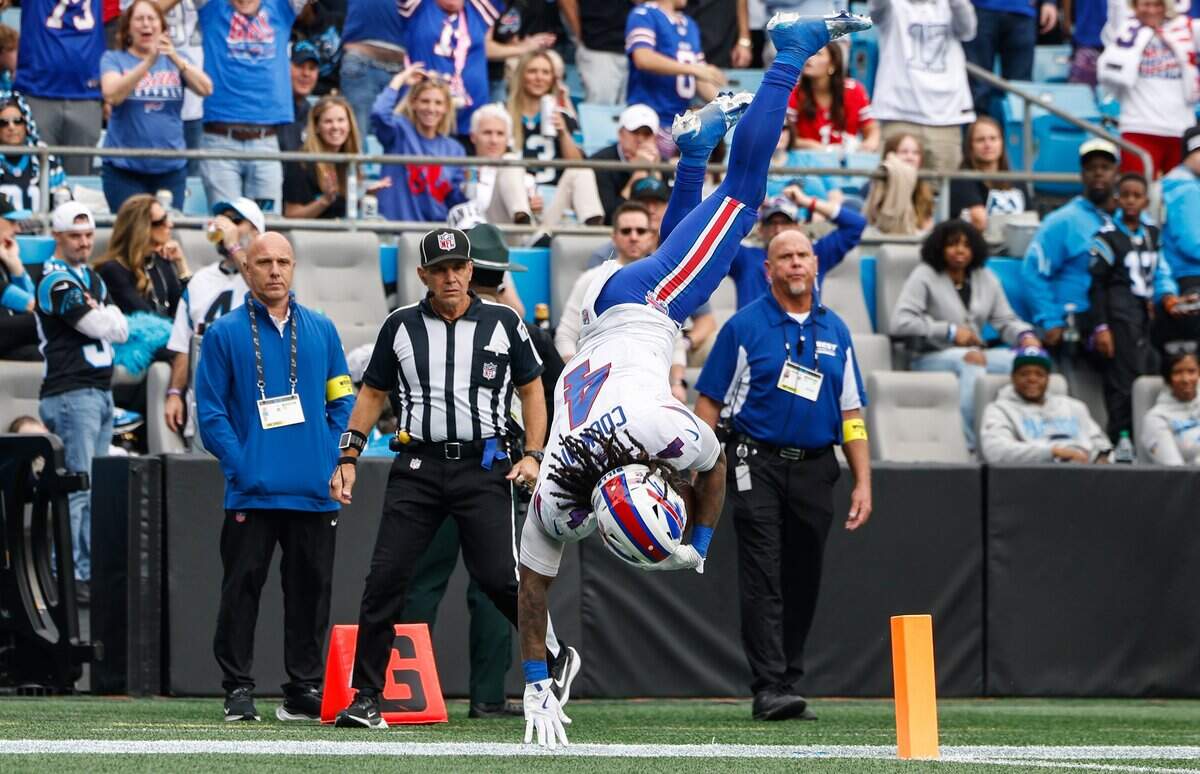 Bills running back James Cook flips into the end zone for a touchdown during the game against the Panthers at Bank of America Stadium in Charlotte, NC on Sunday, October 26, 2025.