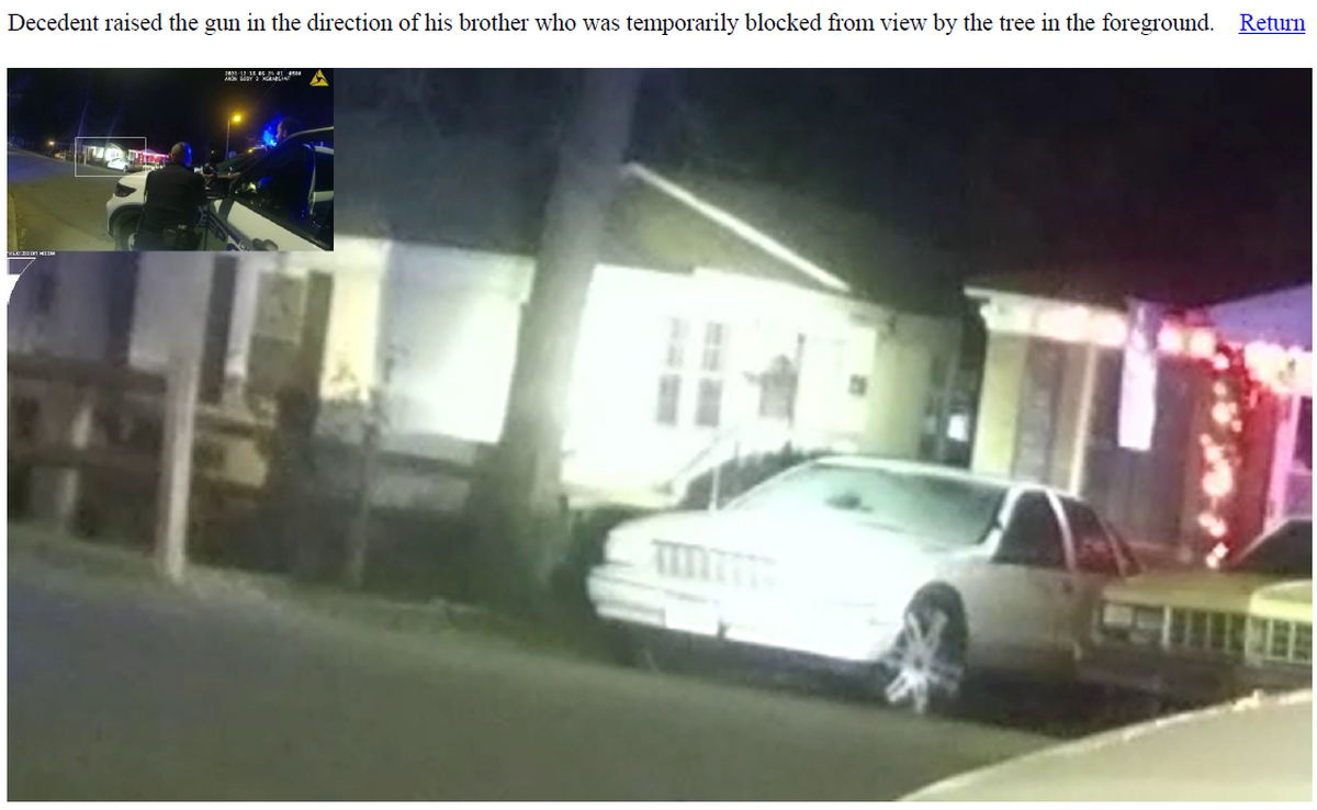 District Attorney Spencer Merriweather included a video frame grab, zoomed in, in his report to the SBI on the CMPD shooting of Sanrico McGill. In this frame, Merriweather wrote, McGill’s gun was raised in the direction of one of his brothers.