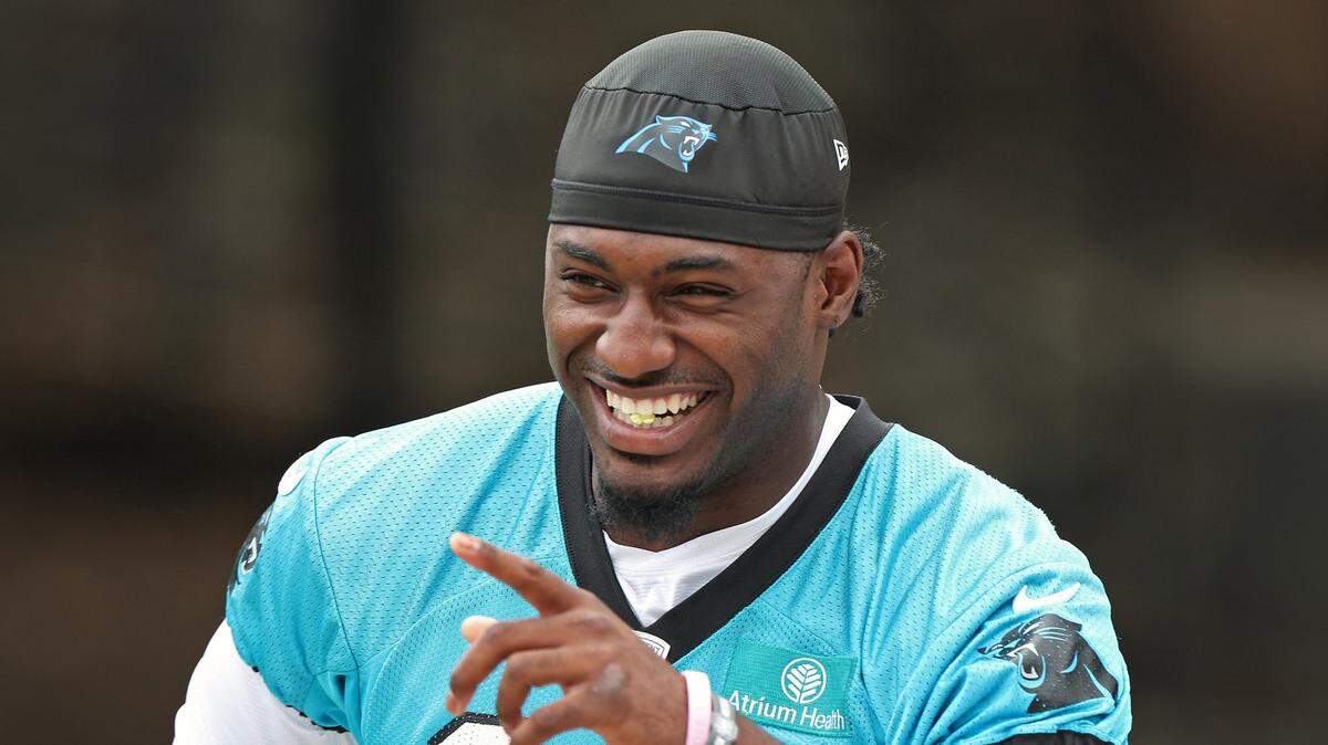 Carolina Panthers wide receiver Xavier Legette was all smiles in this photo in June, but he wasn’t happy with his first NFL training-camp practice.