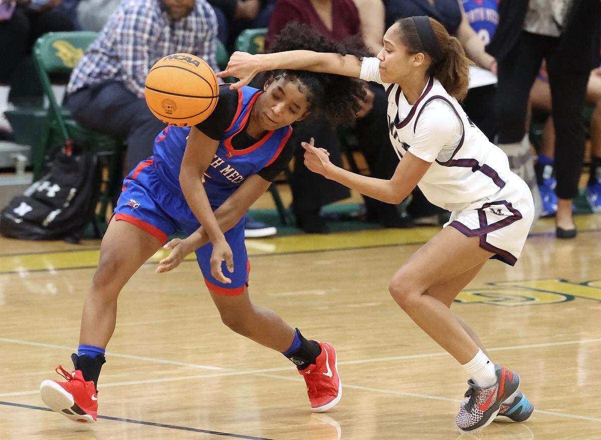 North Meck’s Naijaalia Blake, left, steals the ball from Mallard Creek’s Sydney McGuire, right, during action in the Power Six Conference Tournament action on Friday, February 20, 2026 at Independence High School.