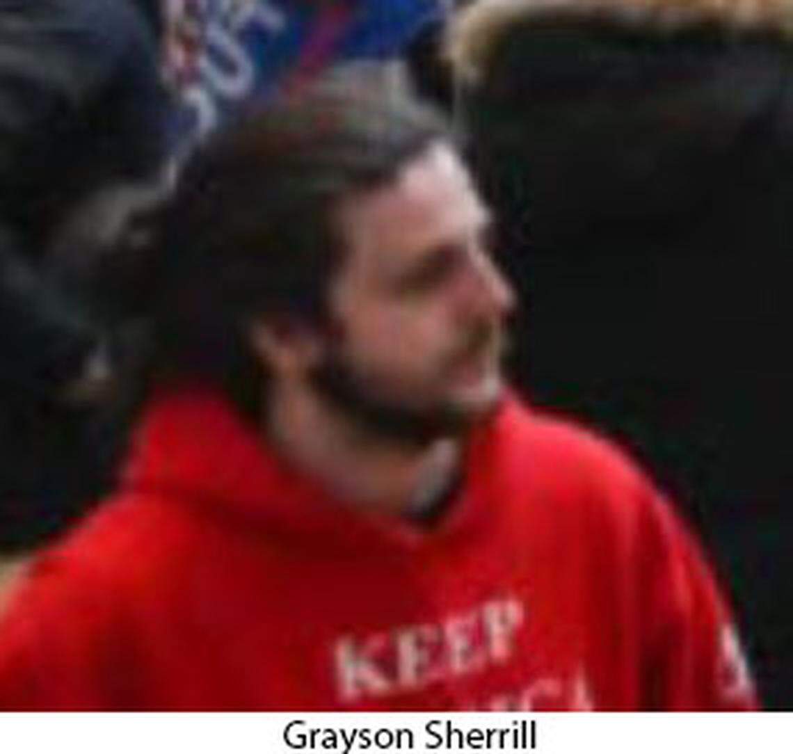 Two witnesses submitted tips to the FBI that identified Grayson Sherrill, left, in this photo taken inside the U.S. Capitol on January 6, 2021, in Washington, D.C. Teh Cherryville resident faces a likely prison sentence after pleading guilty Friday to a felony charge tied to the Capitol Riot.