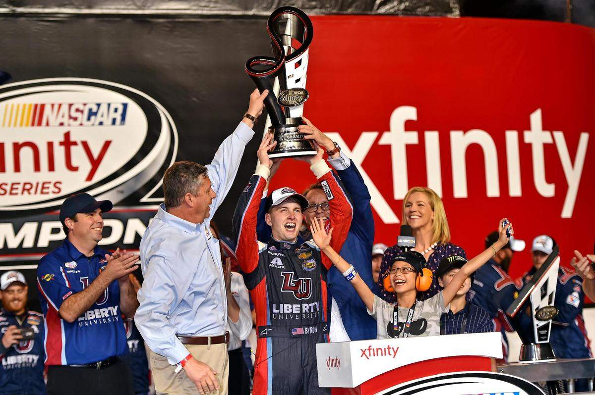Nov 18, 2017; Homestead, FL, USA; NASCAR Xfinity Series driver William Byron (9) celebrates winning the NASCAR Xfinity Championship after the Ford EcoBoost 300 at Homestead-Miami Speedway. Mandatory Credit: Jasen Vinlove-USA TODAY Sports