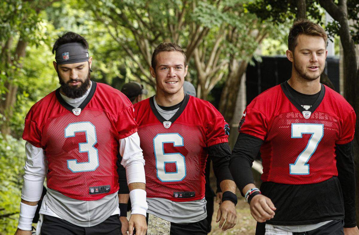Carolina Panthers quarterbacks Will Grier (3), Taylor Heinicke (6) and Kyle Allen are competing to be Cam Newton’s backup.