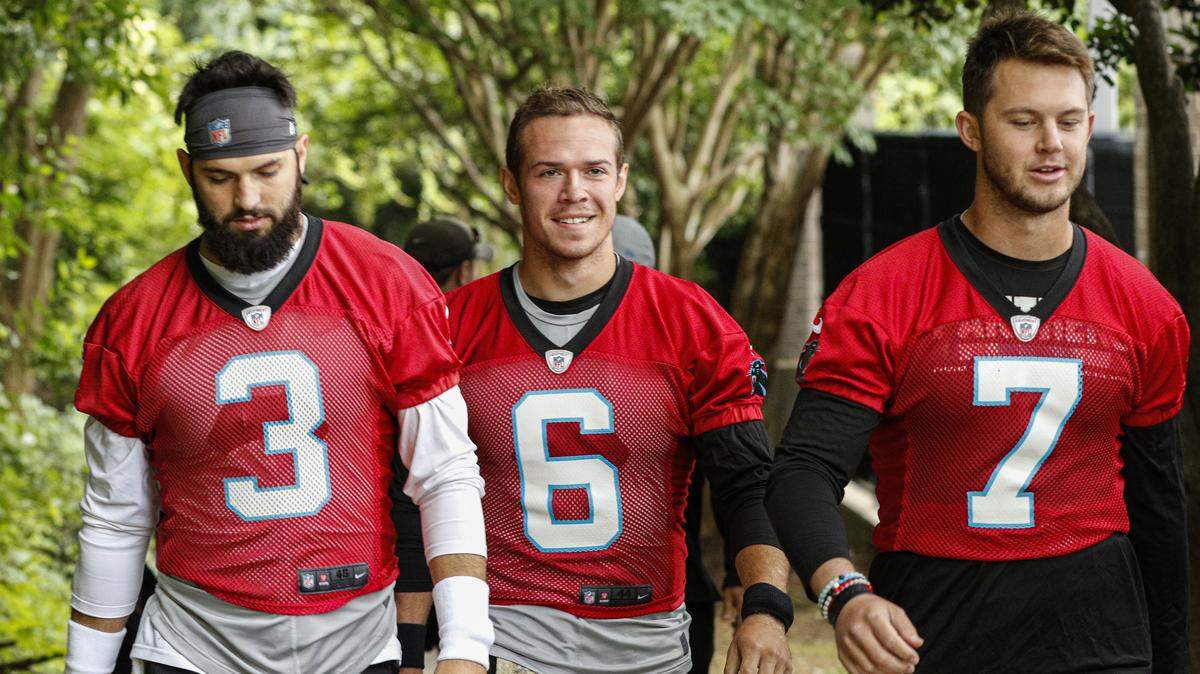 Carolina Panthers quarterbacks Will Grier (3), Taylor Heinicke (6) and Kyle Allen are competing to be Cam Newton’s backup. Allen and Grier played for the same offensive coordinator at different schools: Jake Spavital.