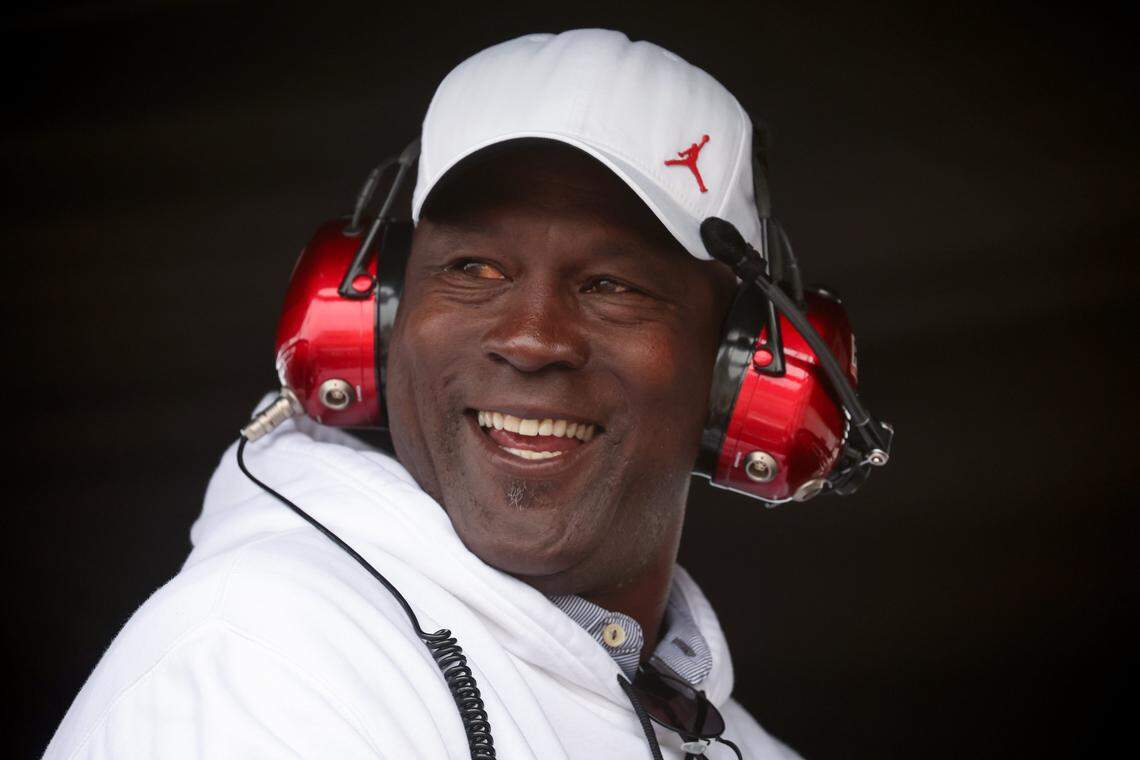TALLADEGA, ALABAMA - APRIL 23: Michael Jordan, NBA Hall of Famer and co-owner of 23XI Racing, looks on from the 23XI Racing pit box during the NASCAR Cup Series GEICO 500 at Talladega Superspeedway on April 23, 2023 in Talladega, Alabama. (Photo by James Gilbert/Getty Images)