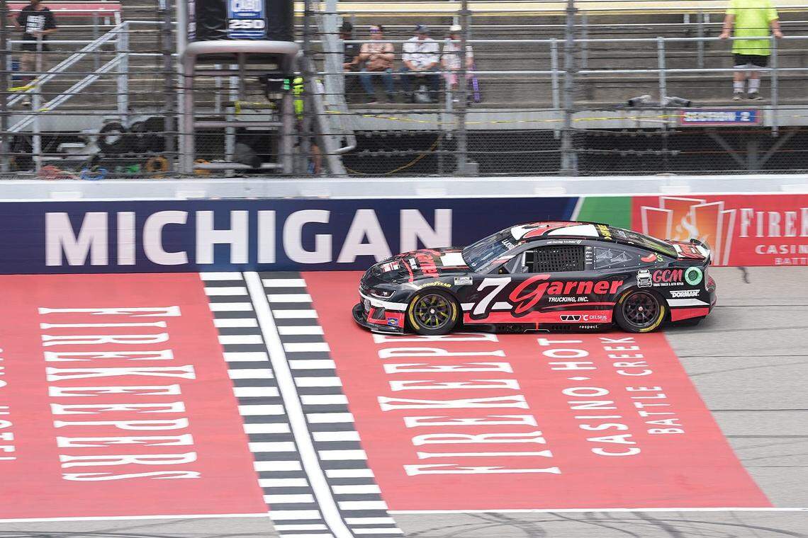 Corey Lajoie runs during Saturday’s practice for the FireKeepers Casino 400 at Michigan International Speedway.