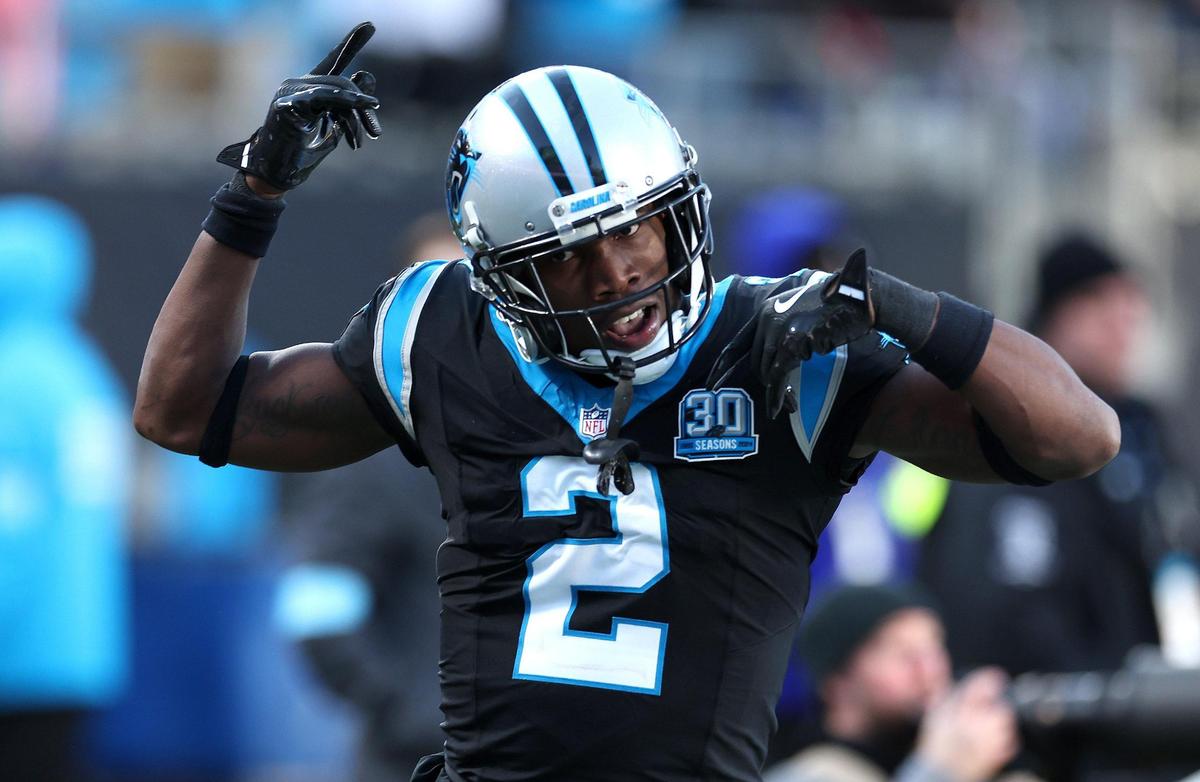 Carolina Panthers cornerback Mike Jackson celebrates his knocking the ball away from Arizona Cardinals wide receiver Marvin Harrison Jr., during action at Bank of America Stadium in Charlotte, NC on Sunday, December 22, 2024. The Panthers defeated the Cardinals 36-30 in overtime.