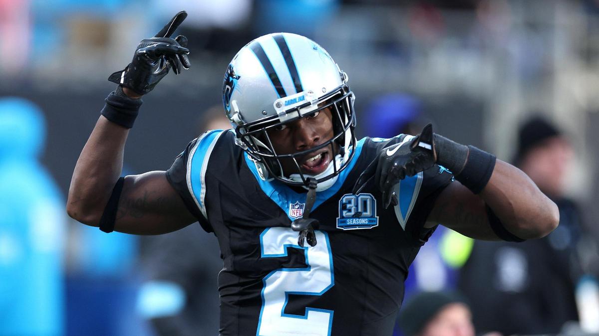 Carolina Panthers cornerback Mike Jackson celebrates his knocking the ball away from Arizona Cardinals wide receiver Marvin Harrison Jr., during action at Bank of America Stadium in Charlotte, NC on Sunday, December 22, 2024. The Panthers defeated the Cardinals 36-30 in overtime.