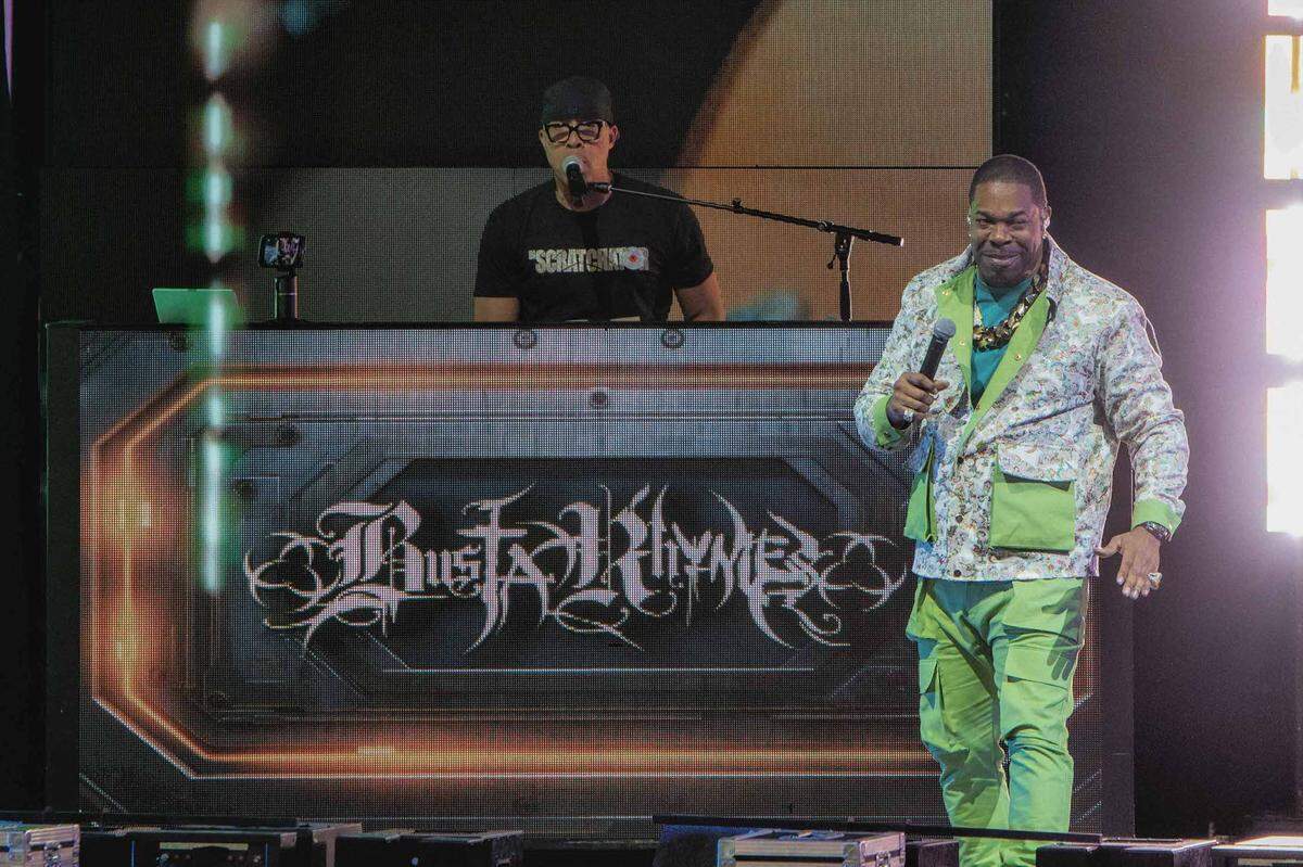Busta Rhymes performs at PNC Music Pavilion in Charlotte on Wednesday night.