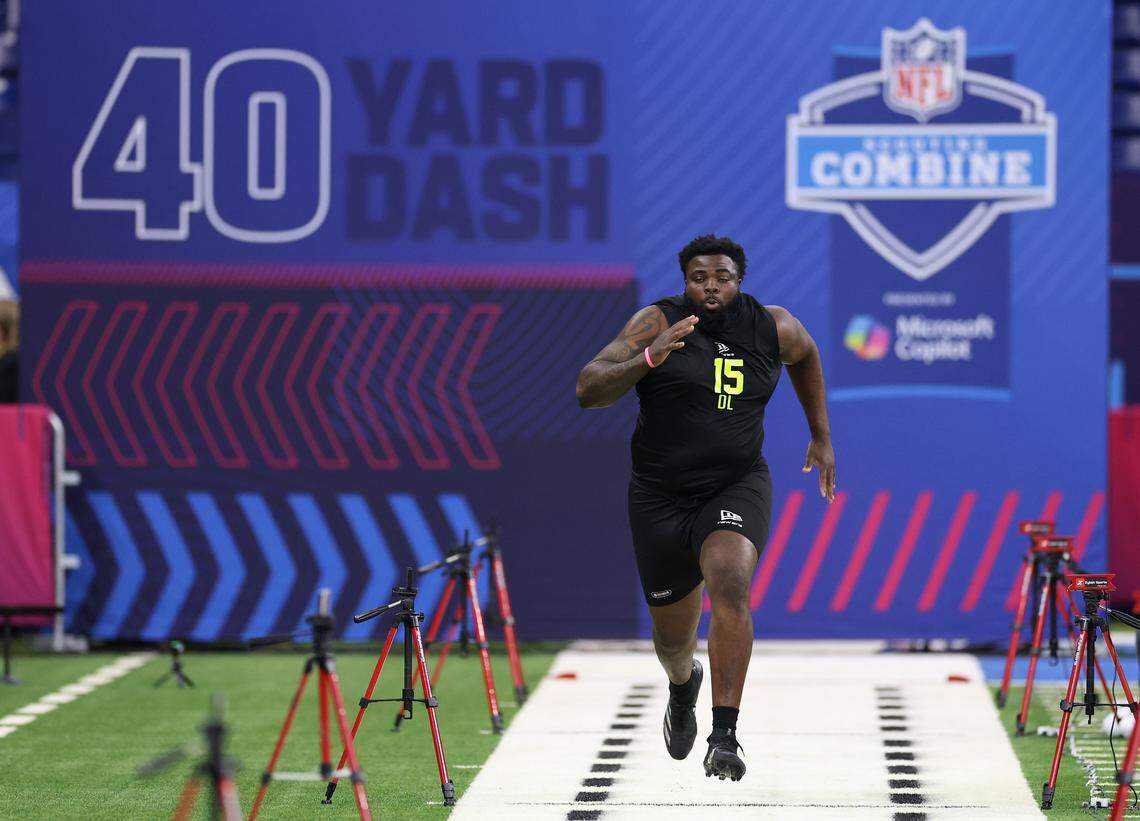 Texas Tech defender Lee Hunter participates in the 40-yard dash during the NFL combine in February. The Panthers picked Hunter, who is nicknamed “The Fridge,” in the second round of the NFL Draft on Friday. 