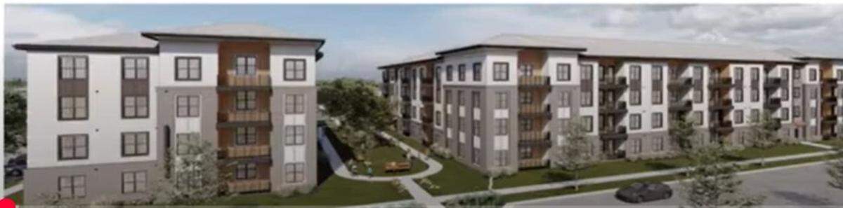 The proposed Mission Stumptown mixed-used community in Huntersville would include 247 apartments in eight buildings and six commercial buildings.