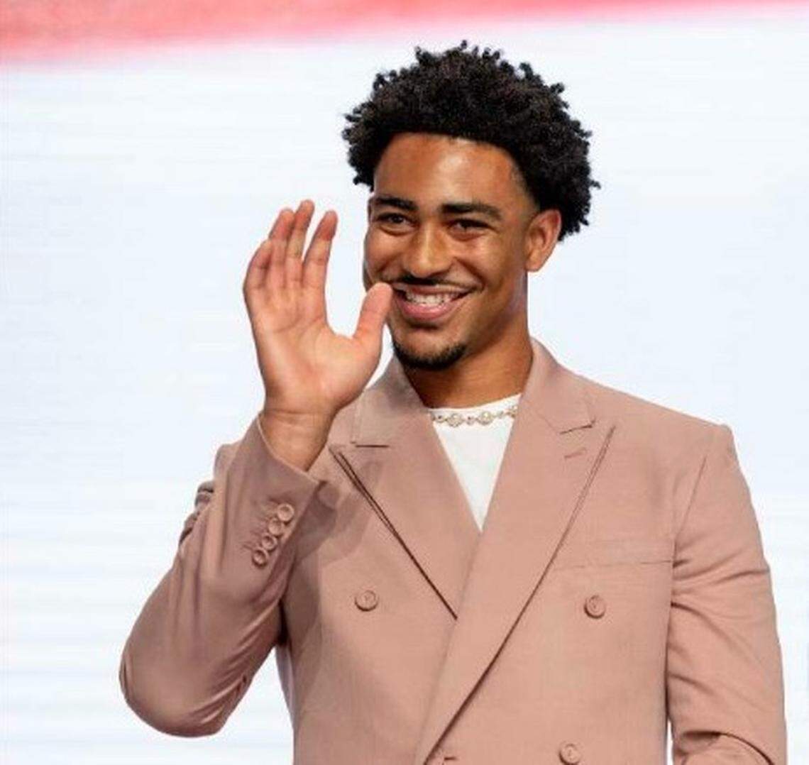Bryce Young waves to fans at Thursday’s NFL Draft