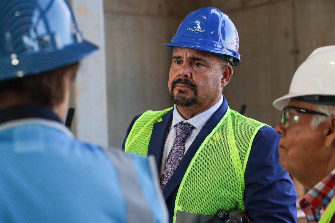 Catawba Nation Chief Brian Harris, center, led a media tour of the $1 billion Two Kings Casino Resort under construction in Kings Mountain, NC on Tuesday, June 17, 2025.