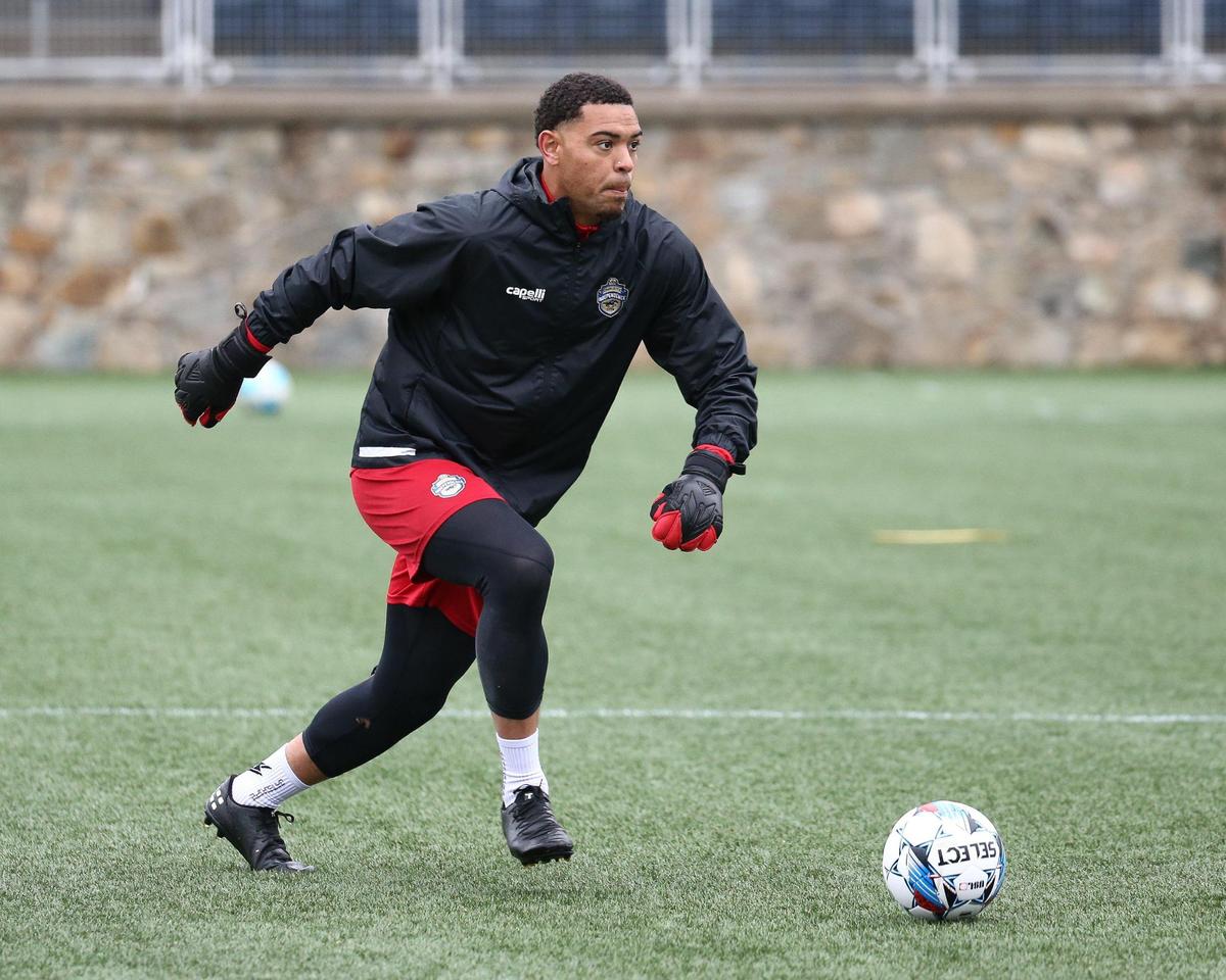CHARLOTTE, NC - MARCH 1: Goalkeeper Matt Levy kicks the ball inbounds during a Charlotte Independence closed practice session on February March 1, 2024