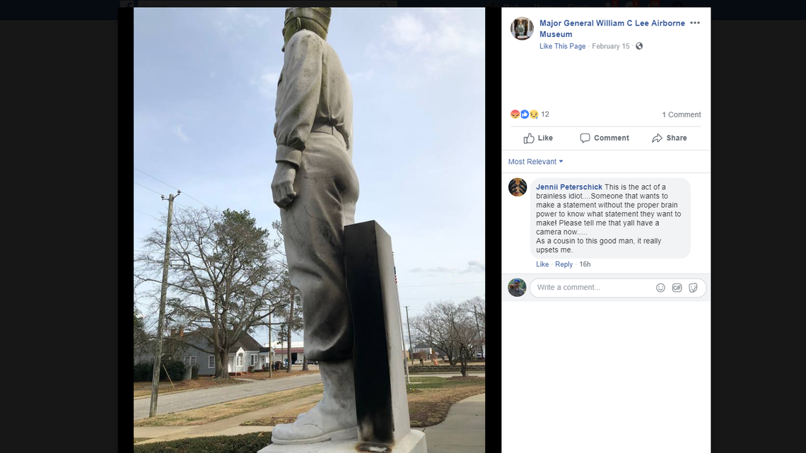 Damage to the side of the statue outside the Maj. Gen. William C. Lee Museum in Dunn, N.C. Facebook screenshot