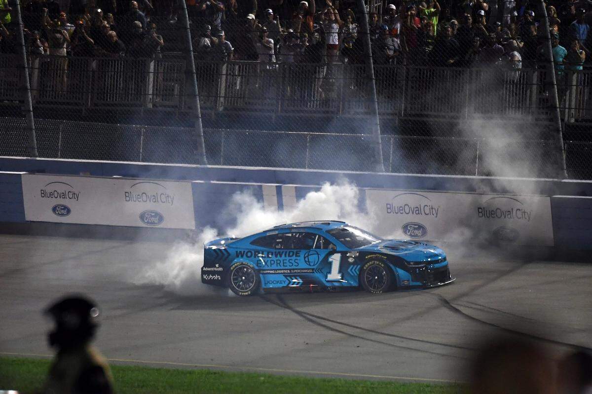 Jun 25, 2023; Nashville, Tennessee, USA; NASCAR Cup Series driver Ross Chastain (1) celebrates after winning the Ally 400 at Nashville Superspeedway. Mandatory Credit: Christopher Hanewinckel-USA TODAY Sports