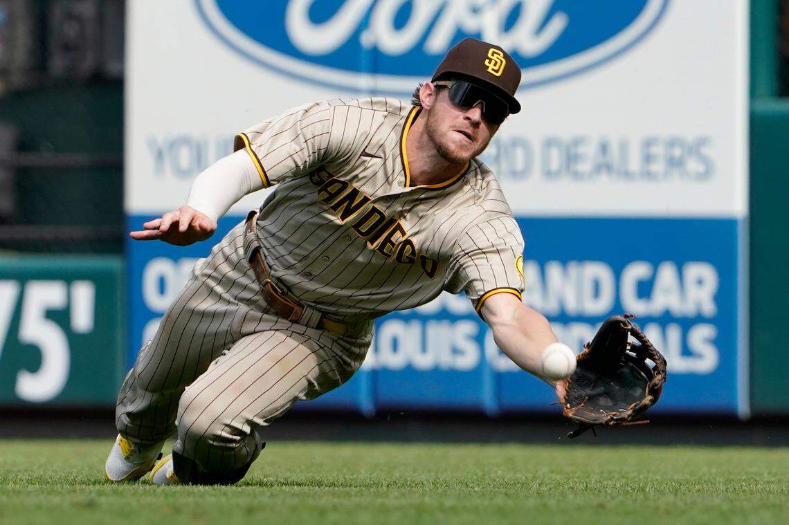 San Diego Padres right fielder Wil Myers is unable to catch and RBI double by the Cardinals’ Edmundo Sosa during the fifth inning of a baseball game Sunday, Sept. 19, 2021, in St. Louis. Myers, who lives in Charlotte during the offseason, is mired in a legal dispute with Carmel Country Club. He says the club lied to him about the availability of golfing tee times. The club says Myers owes $64,000 of initiation fees.