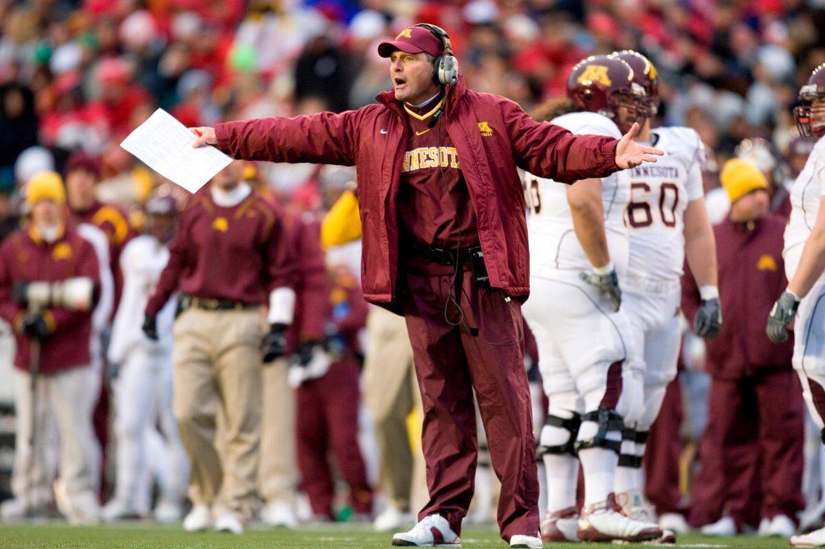 Nov 15, 2008; Madison, WI, USA; Minnesota Golden Gophers head coach Tim Brewster argues a call during the first half against the Wisconsin Badgers Camp Randall Stadium.