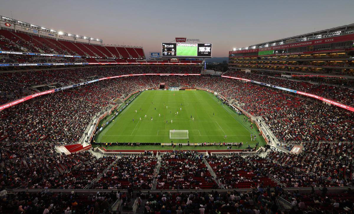 An aerial of Levi's Stadium in Santa Clara, California where the Super Bowl LX wiil be played. For the Super Bowl, American Airlines is offering special flights from Charlotte to San José Mineta International Airport to watch the game in this stadium. 