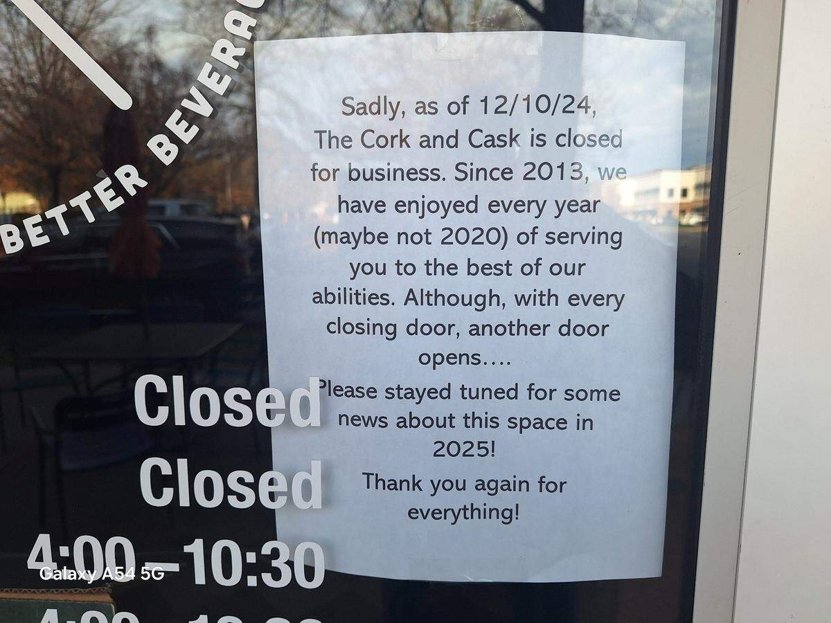 Signs on the front and back doors of the closed Cork & Cask in Cornelius hint at a new venture for the space in 2025.