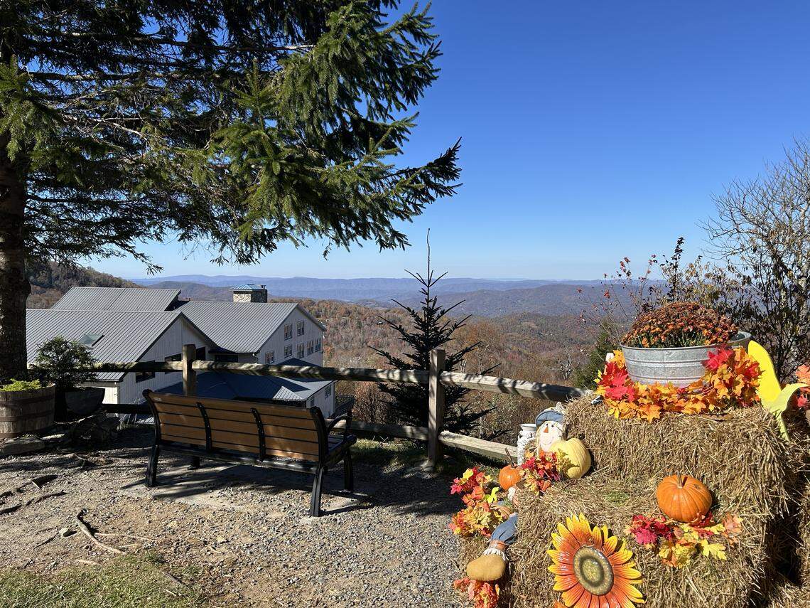 A wide-angle view from a mountain overlook on a clear, sunny day. On the left, a wooden park bench on a gravel path sits under a large evergreen tree, looking out at layers of hazy blue mountains stretching to the horizon. To the right, a decorative hay bale is adorned with pumpkins, colorful fall leaves, a scarecrow, and a pot of mums, signaling the autumn season.