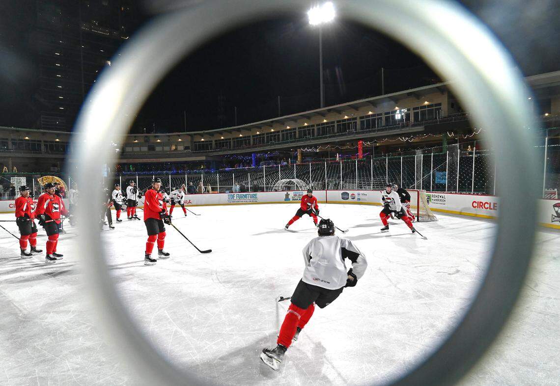 The Charlotte Checkers practice at Truist Field in Charlotte, NC on Monday, November 27, 2023. The Checkers will face the Americans in the Queen City Outdoor Classic at Truist Field on Saturday, January 13, 2024.