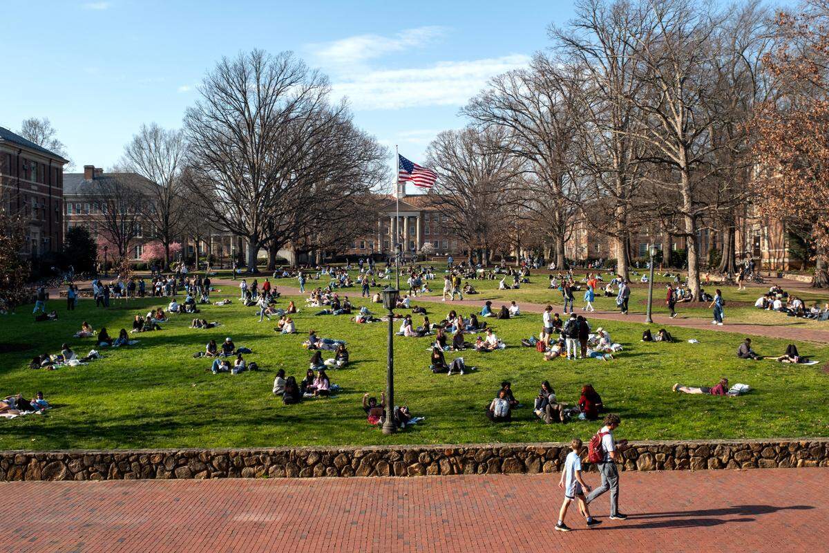 Students gathered at Polk Place on UNC Chapel Hill’s campus.