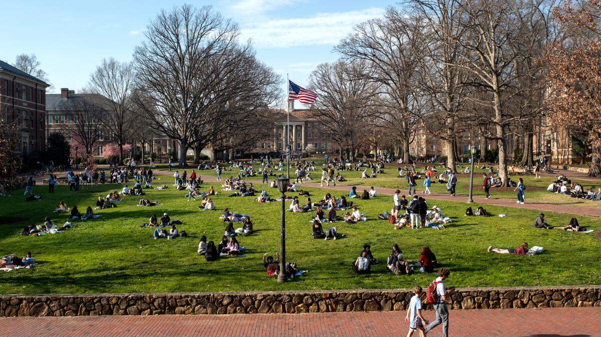 Students gathered at Polk Place on UNC Chapel Hill’s campus.