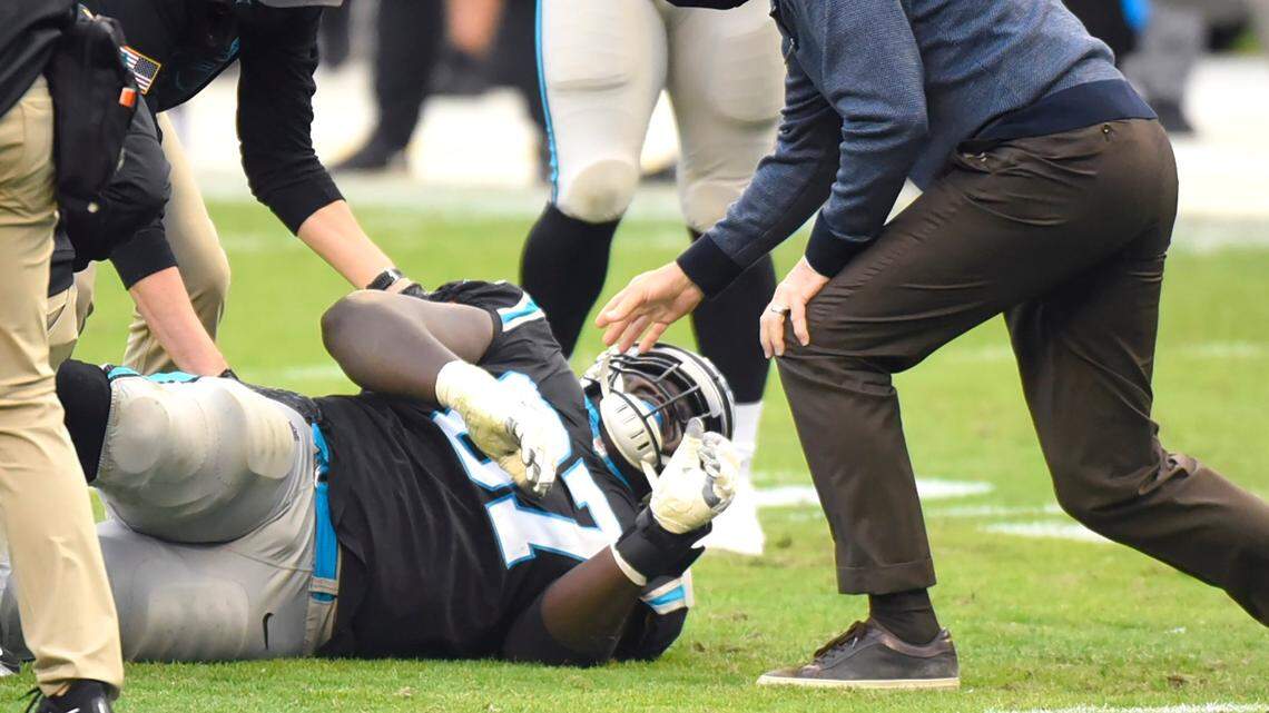Carolina Panthers guard John Miller during a 2020 game