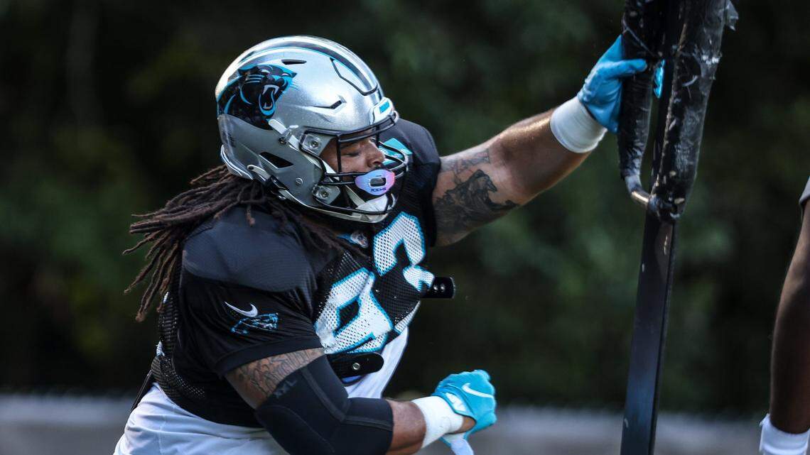 Carolina Panthers Bravvion Roy hits a drill during the joint practice with the Baltimore Ravens in Spartanburg, S.C., on Wednesday, August 18, 2021.