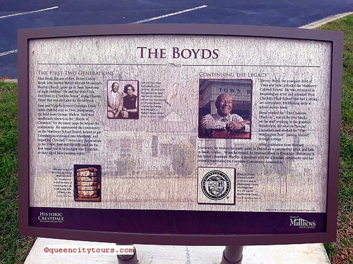 Harvey Boyd’s family history is recognized along the Matthews waking trail in the Historic Crestdale community outside of the home his parents built in the 1940s.